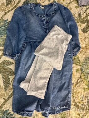 Denim Blue Girls' Dress with Light Gray Leggings with Sparkly Stars